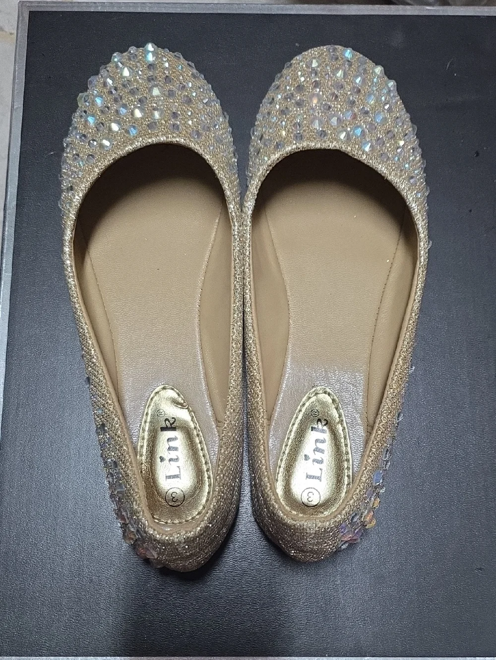 Link Girls' Gold Glitter Jewel Ballet Flats